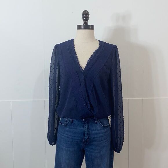 Francescas Navy Embroidered Wrap Crop Top - Picture 1 of 6